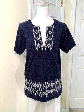 J.Crew Tunic Top Short Sleeve 100% Cotton Navy Embroidered Women Size XS